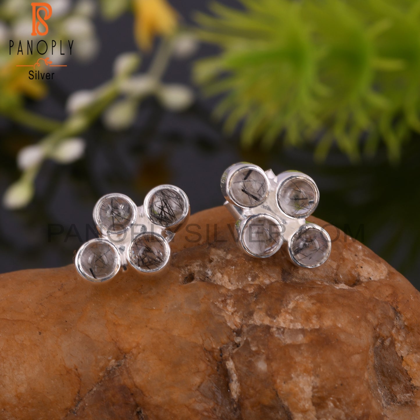 Dainty Black Rutile Round Shape 925 Sterling Silver Earrings