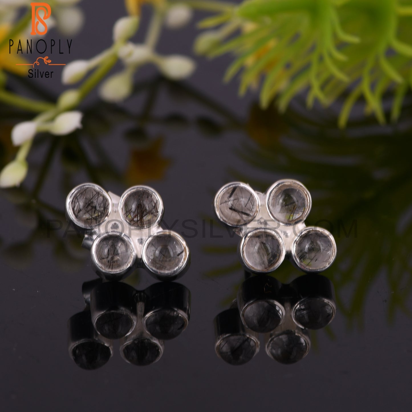 Dainty Black Rutile Round Shape 925 Sterling Silver Earrings