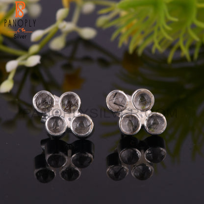 Dainty Black Rutile Round Shape 925 Sterling Silver Earrings