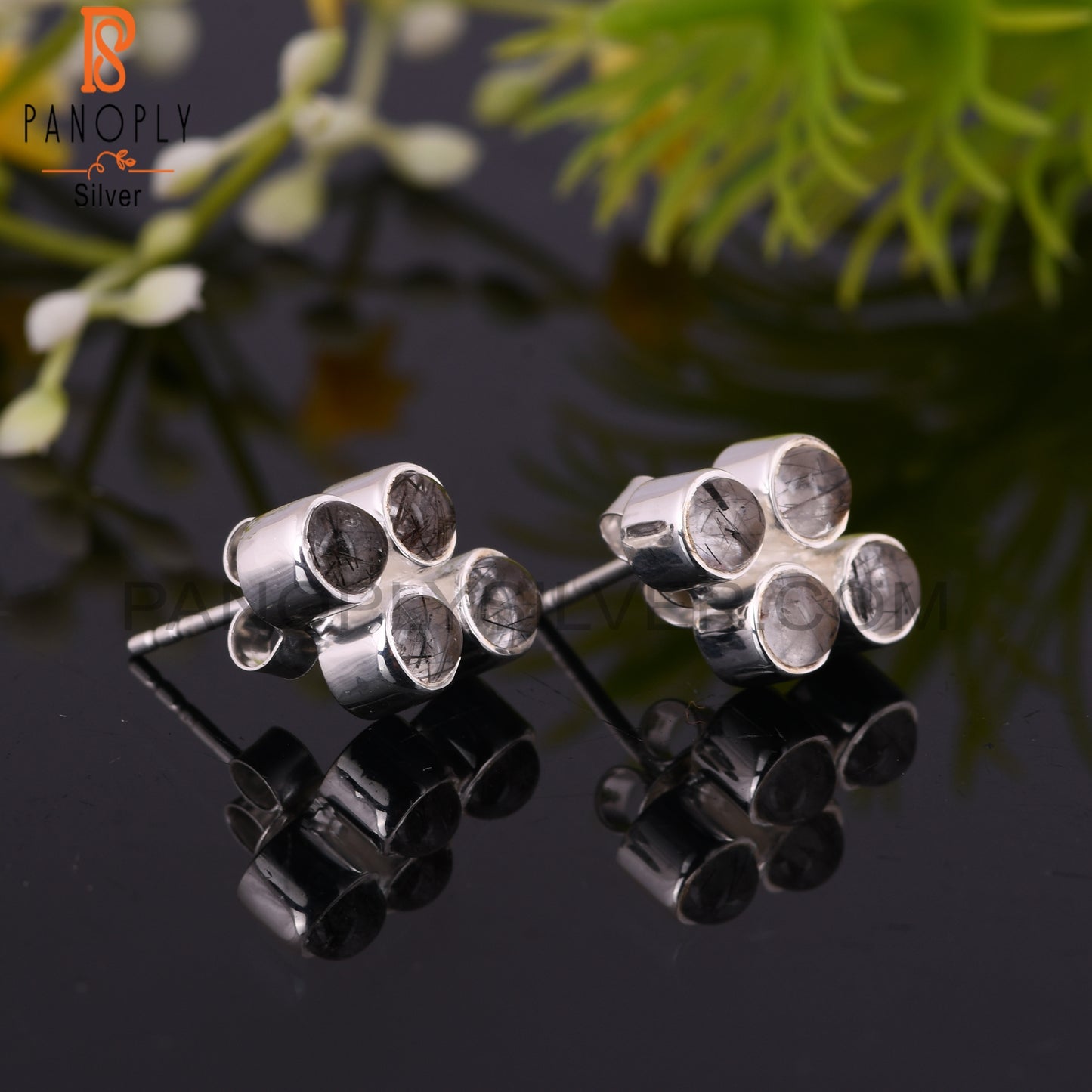 Dainty Black Rutile Round Shape 925 Sterling Silver Earrings