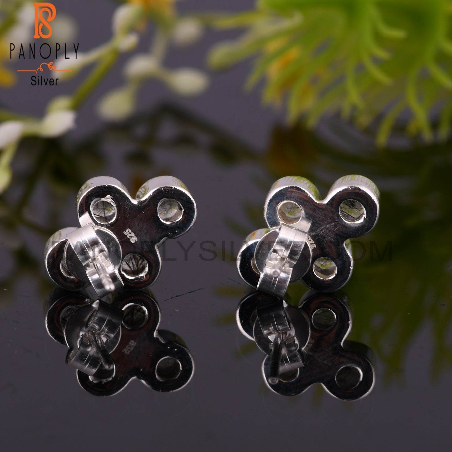 Dainty Black Rutile Round Shape 925 Sterling Silver Earrings