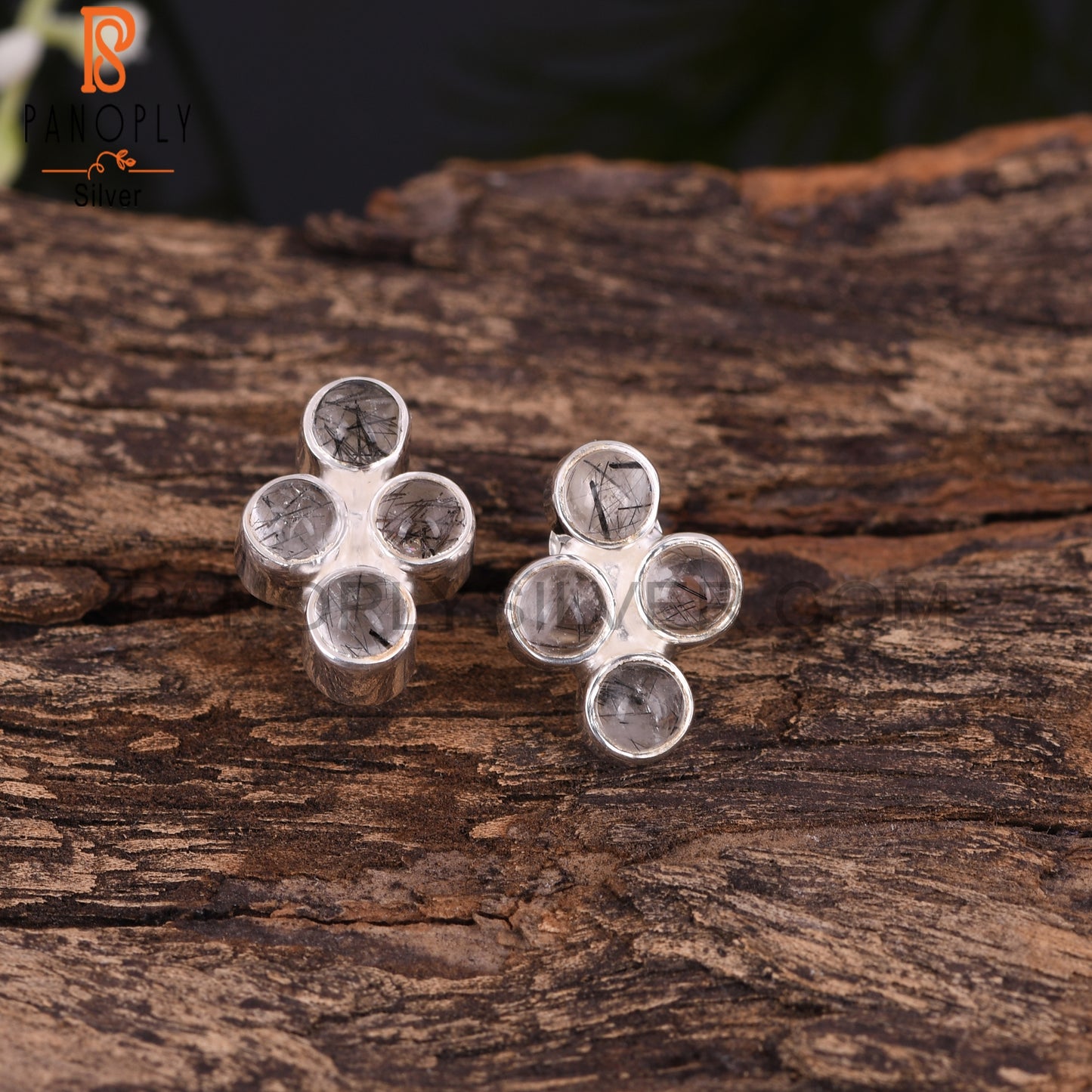 Dainty Black Rutile Round Shape 925 Sterling Silver Earrings