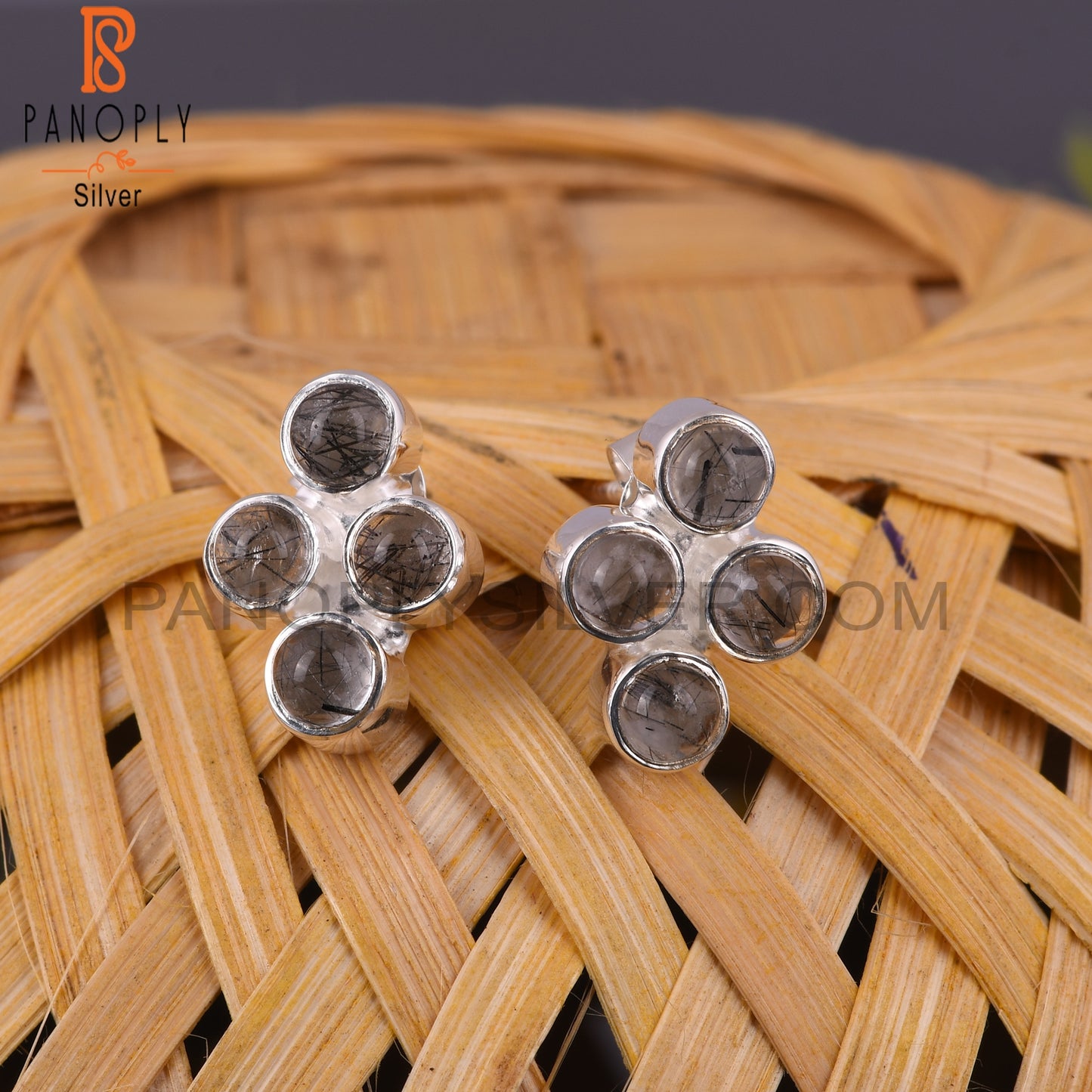 Dainty Black Rutile Round Shape 925 Sterling Silver Earrings