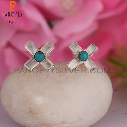 Arizona Turquoise Round Shape 925 Silver Plus Sign Earrings
