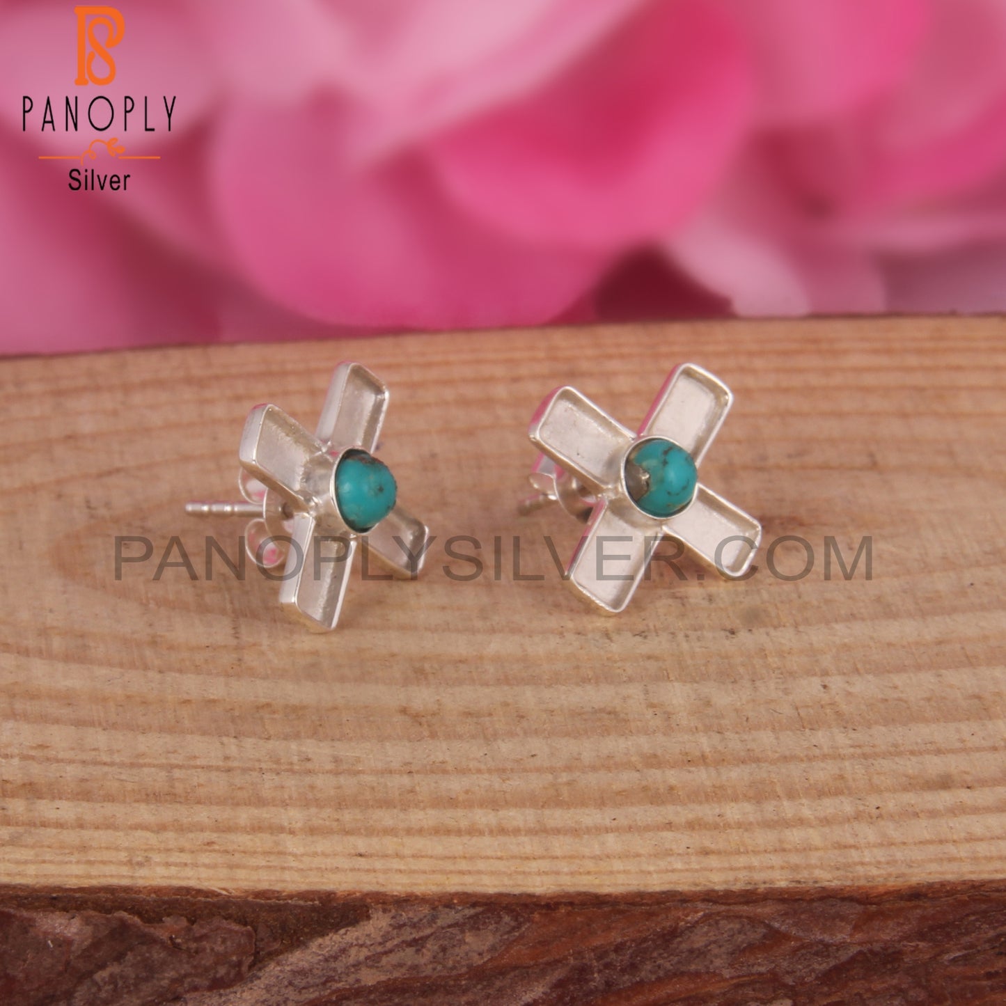 Arizona Turquoise Round Shape 925 Silver Plus Sign Earrings