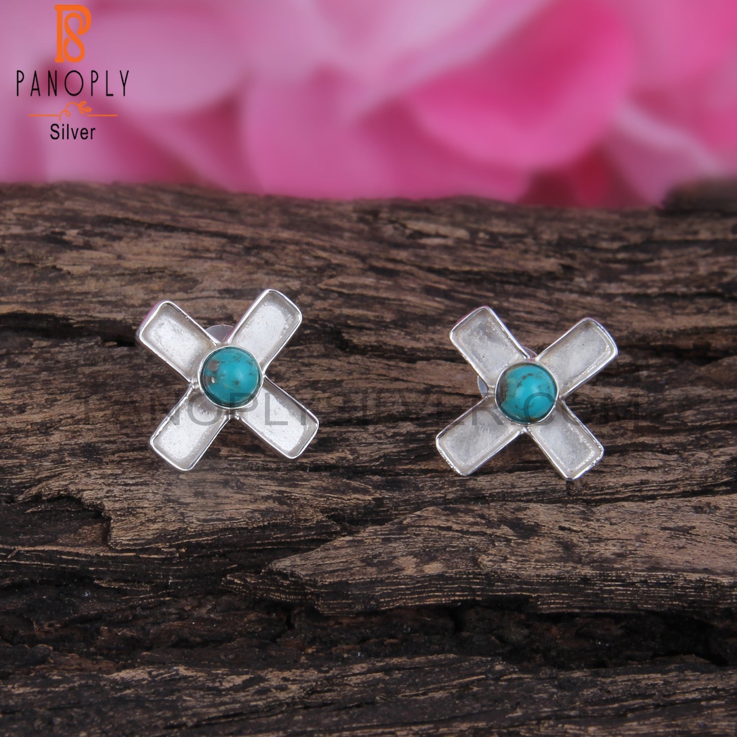 Arizona Turquoise Round Shape 925 Silver Plus Sign Earrings