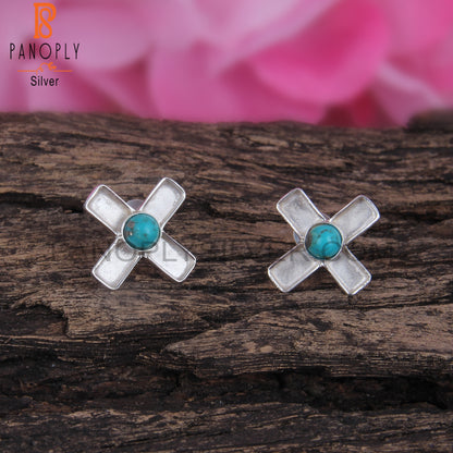Arizona Turquoise Round Shape 925 Silver Plus Sign Earrings