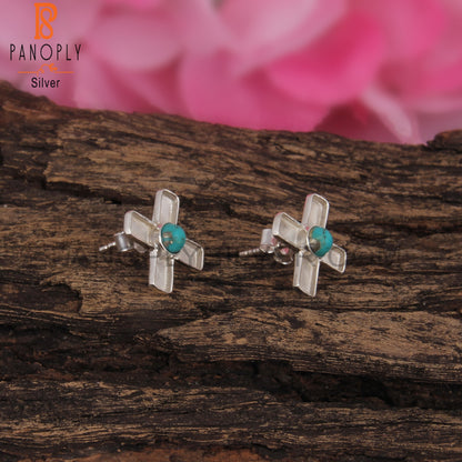Arizona Turquoise Round Shape 925 Silver Plus Sign Earrings