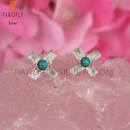 Arizona Turquoise Round Shape 925 Silver Plus Sign Earrings