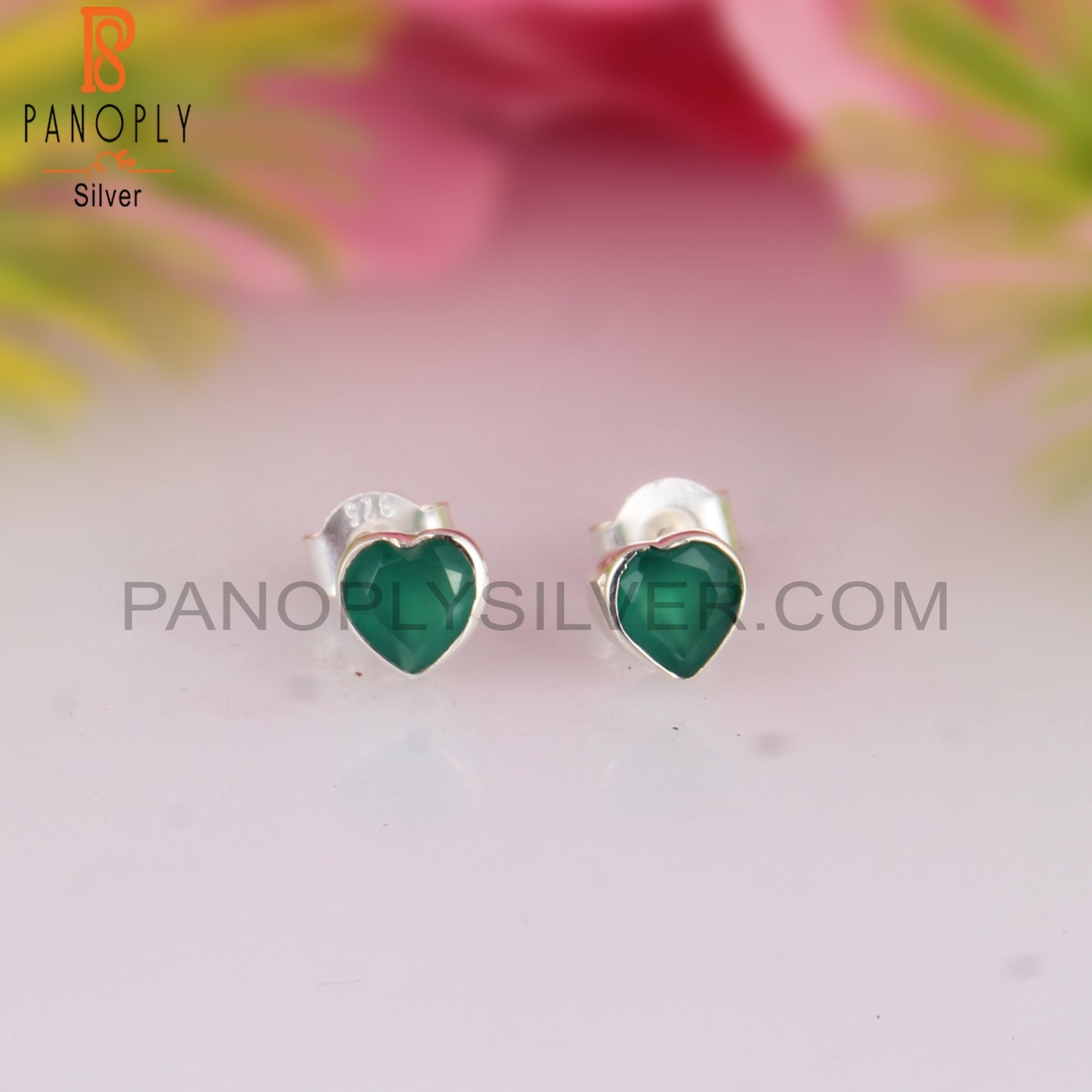 Green Onyx Heart Shape 925 Sterling Silver Earrings