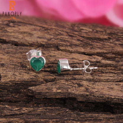 Green Onyx Heart Shape 925 Sterling Silver Earrings