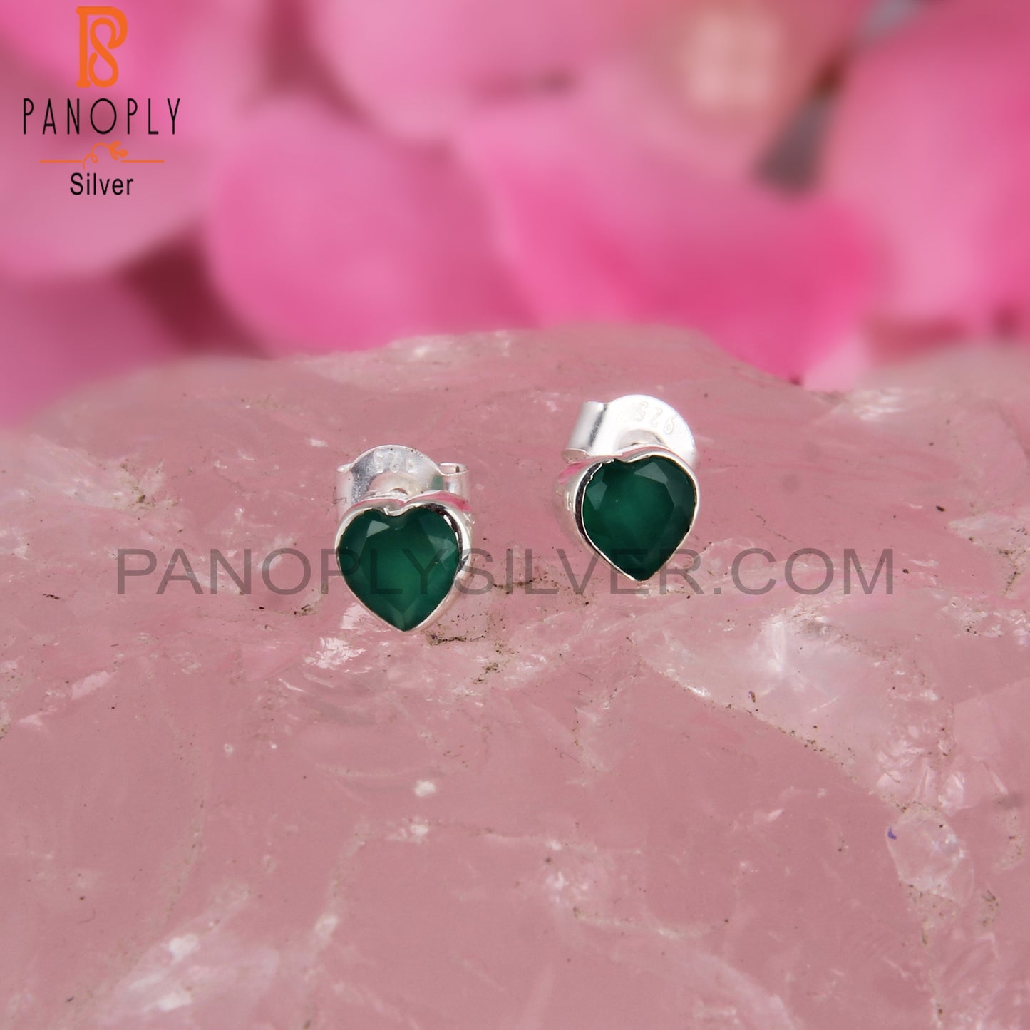 Green Onyx Heart Shape 925 Sterling Silver Earrings