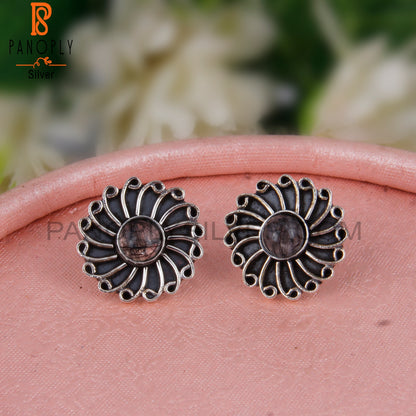 Black Rutile Round Sterling Silver Studs Earrings