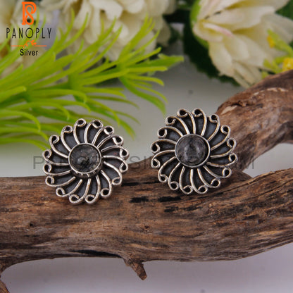 Black Rutile Round Sterling Silver Studs Earrings