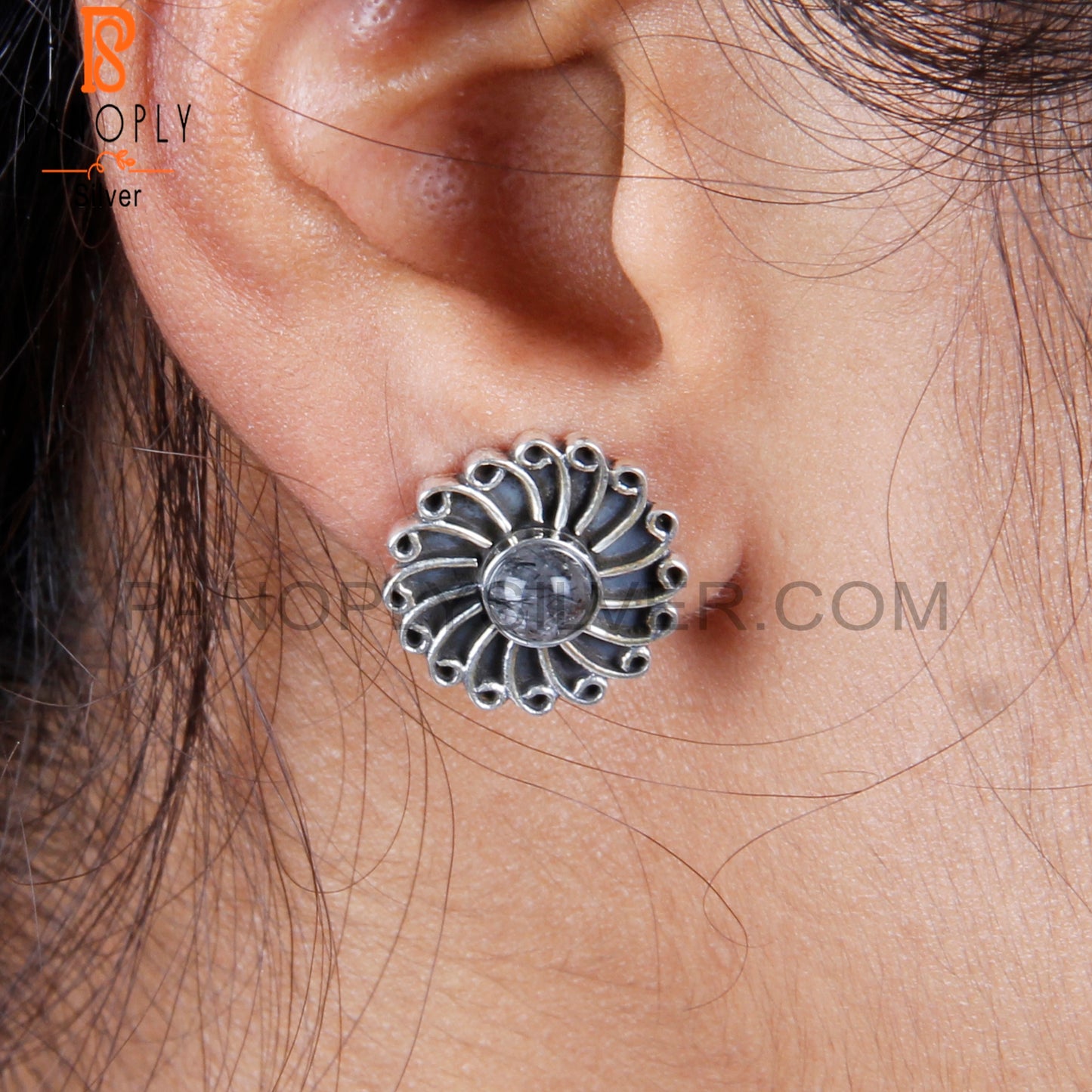 Black Rutile Round Sterling Silver Studs Earrings
