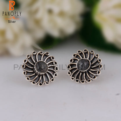 Black Rutile Round Sterling Silver Studs Earrings
