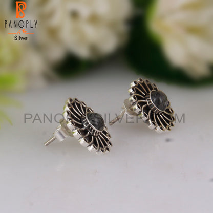 Black Rutile Round Sterling Silver Studs Earrings