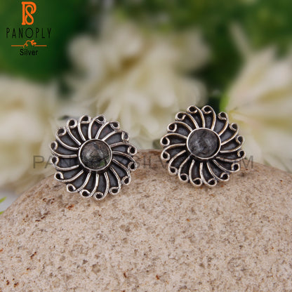 Black Rutile Round Sterling Silver Studs Earrings