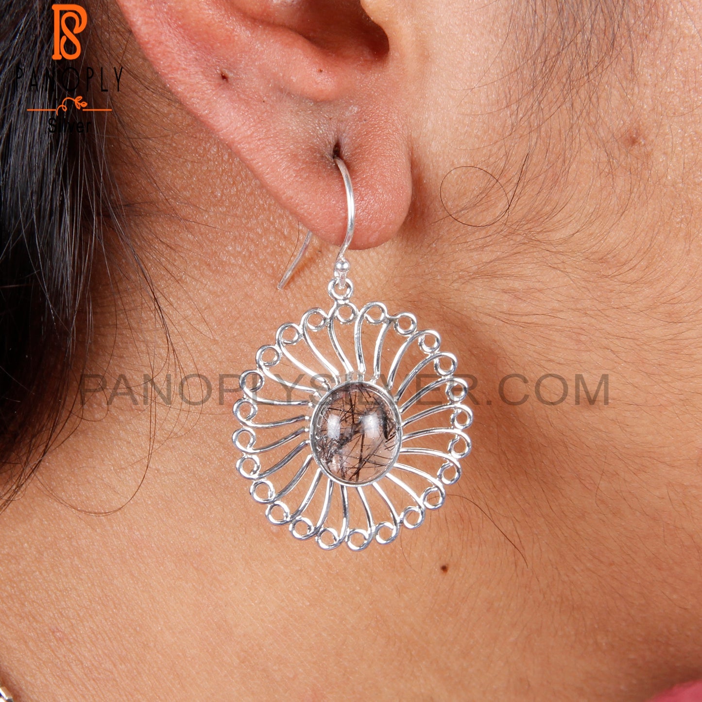 Black Rutile Oval Shape 925 Silver Gemstone Studs Earrings
