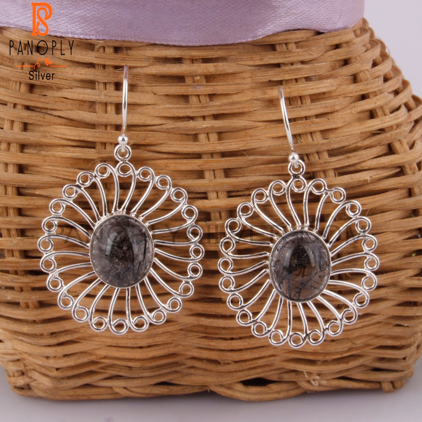 Black Rutile Oval Shape 925 Silver Gemstone Studs Earrings
