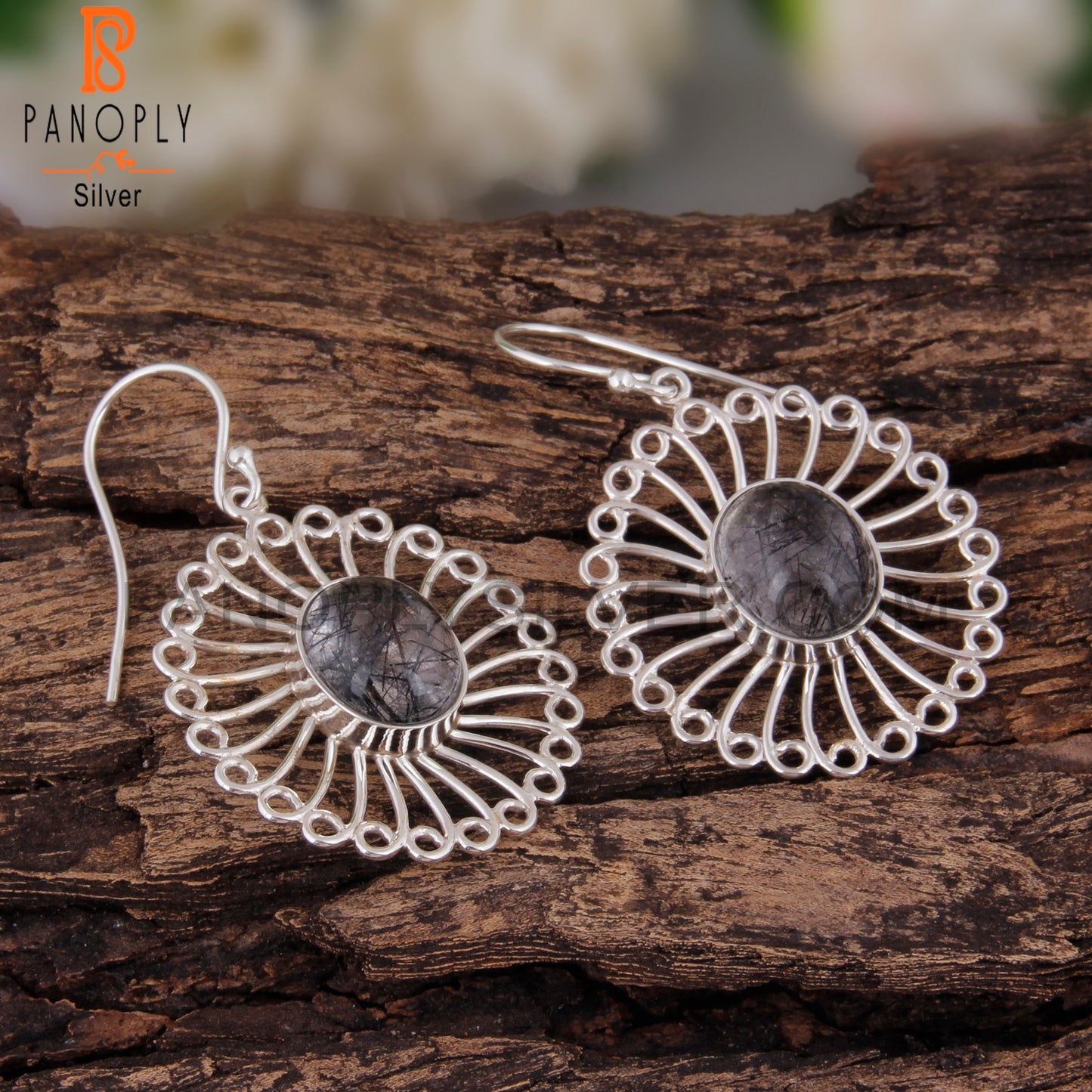 Black Rutile Oval Shape 925 Silver Gemstone Studs Earrings