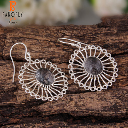 Black Rutile Oval Shape 925 Silver Gemstone Studs Earrings