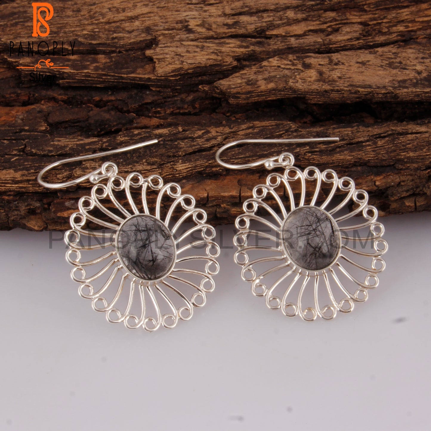 Black Rutile Oval Shape 925 Silver Gemstone Studs Earrings