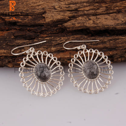 Black Rutile Oval Shape 925 Silver Gemstone Studs Earrings