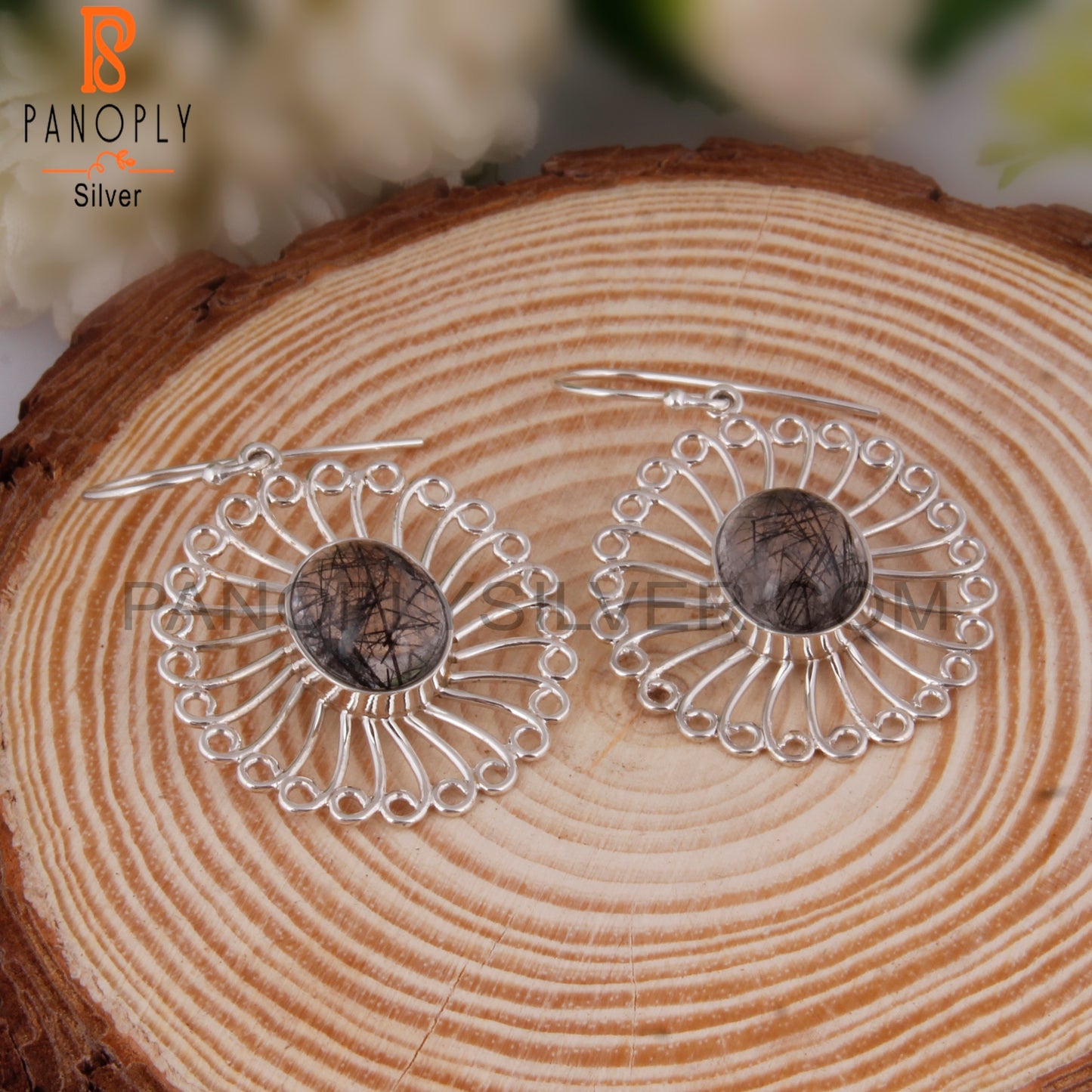 Black Rutile Oval Shape 925 Silver Gemstone Studs Earrings