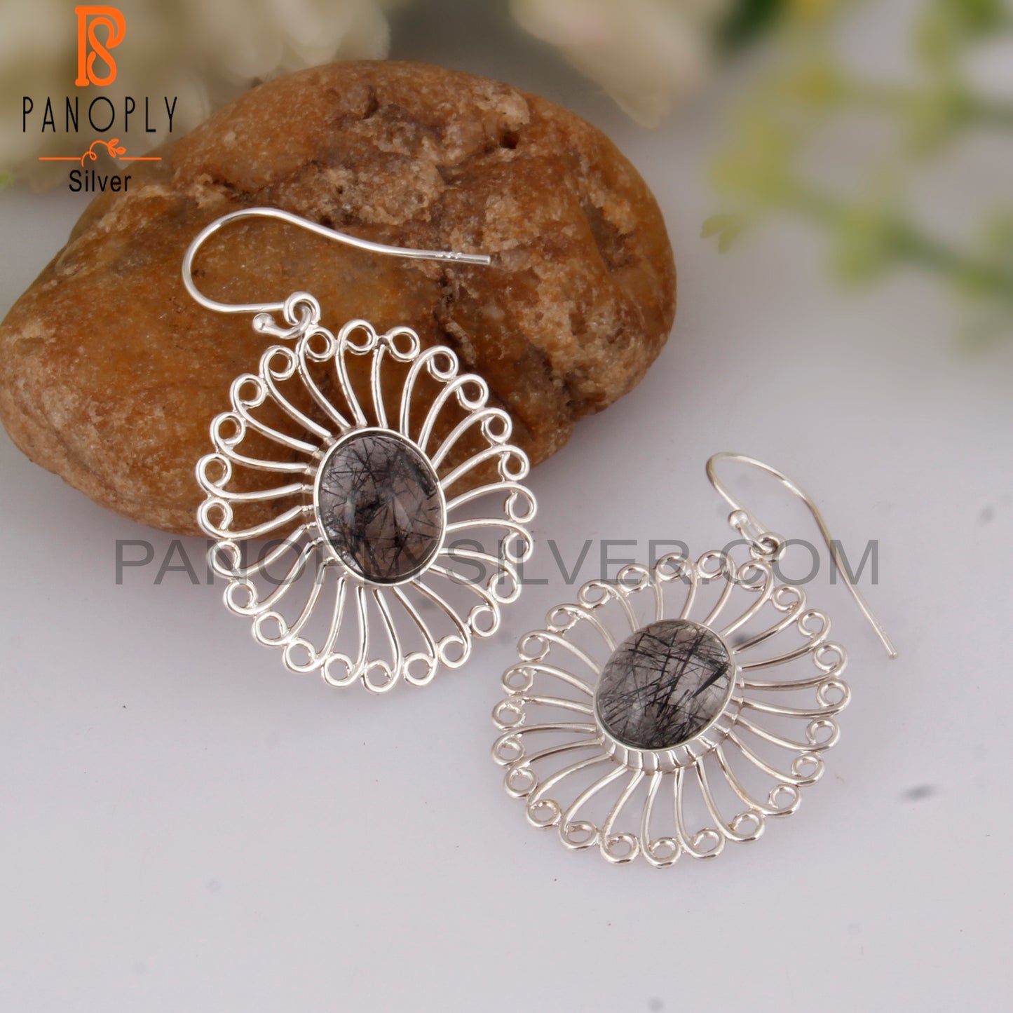 Black Rutile Oval Shape 925 Silver Gemstone Studs Earrings