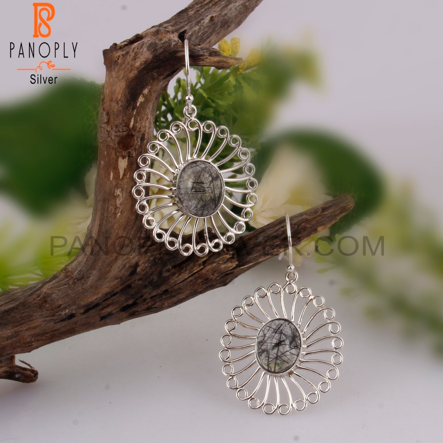 Black Rutile Oval Shape 925 Silver Gemstone Studs Earrings