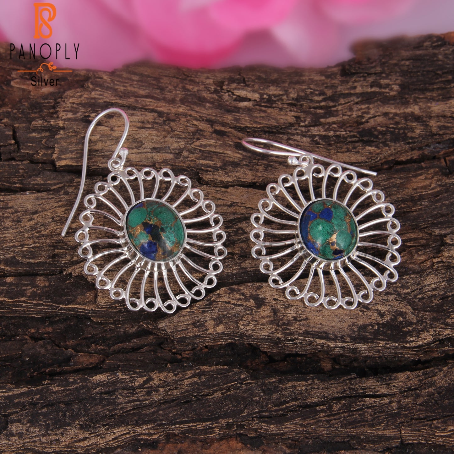 Mojave Copper Azurite Malachite Oval 925 Silver Earrings