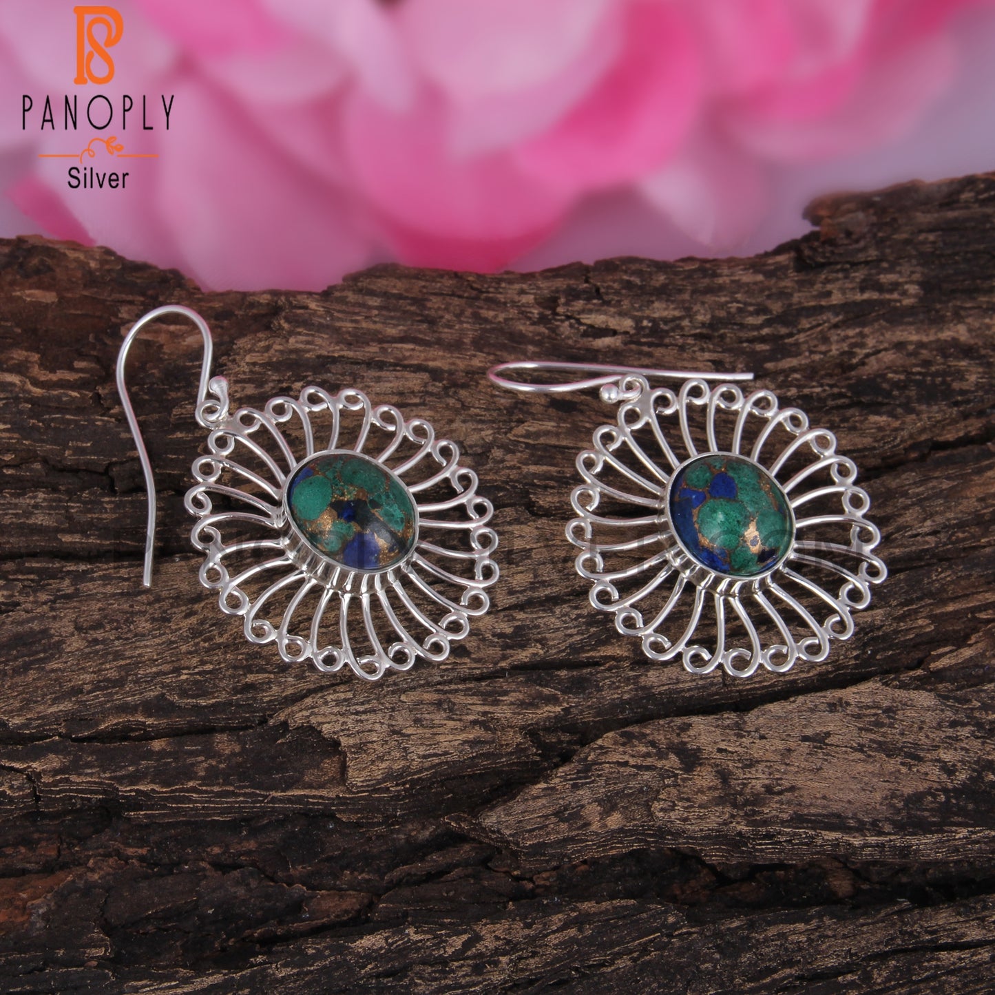Mojave Copper Azurite Malachite Oval 925 Silver Earrings