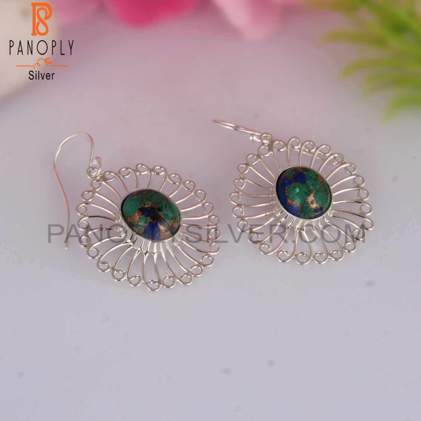 Mojave Copper Azurite Malachite Oval 925 Silver Earrings