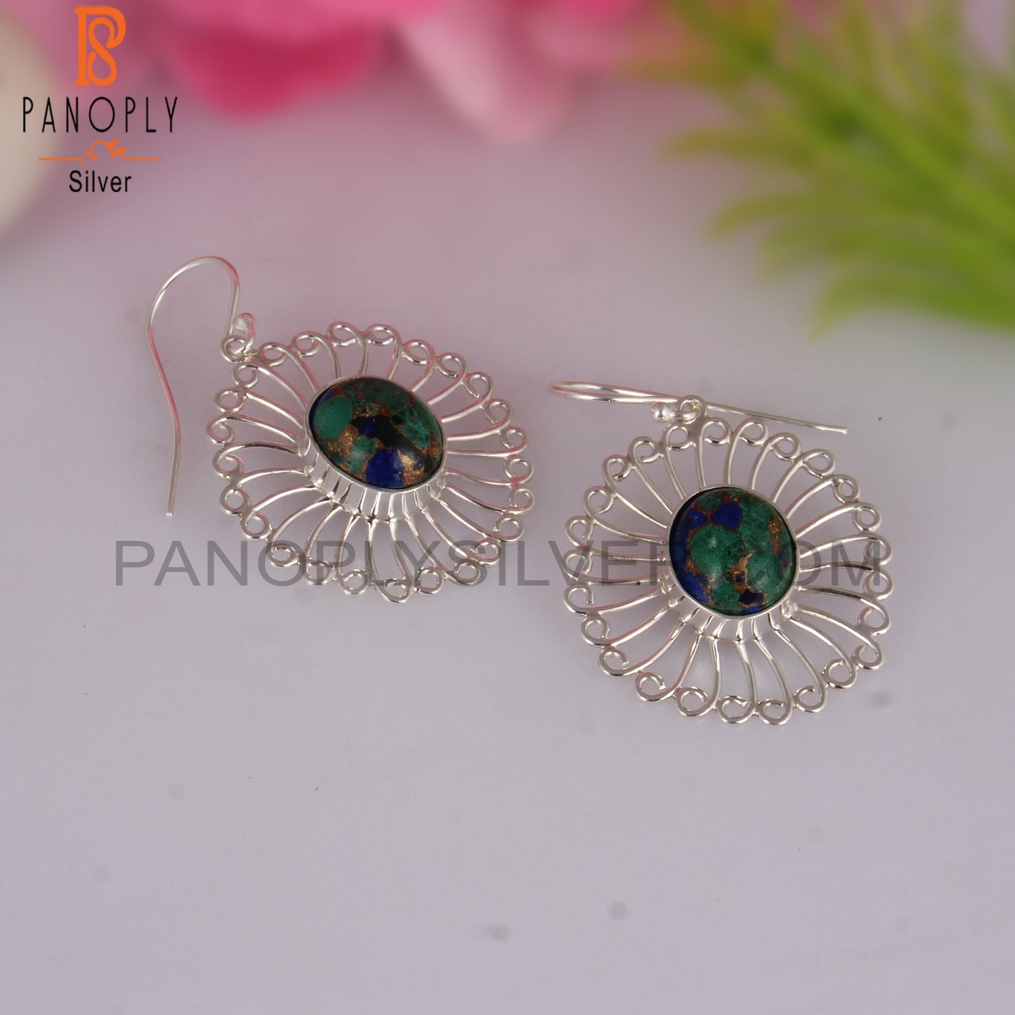Mojave Copper Azurite Malachite Oval 925 Silver Earrings