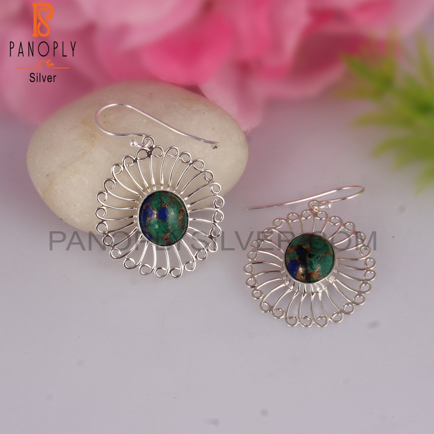 Mojave Copper Azurite Malachite Oval 925 Silver Earrings