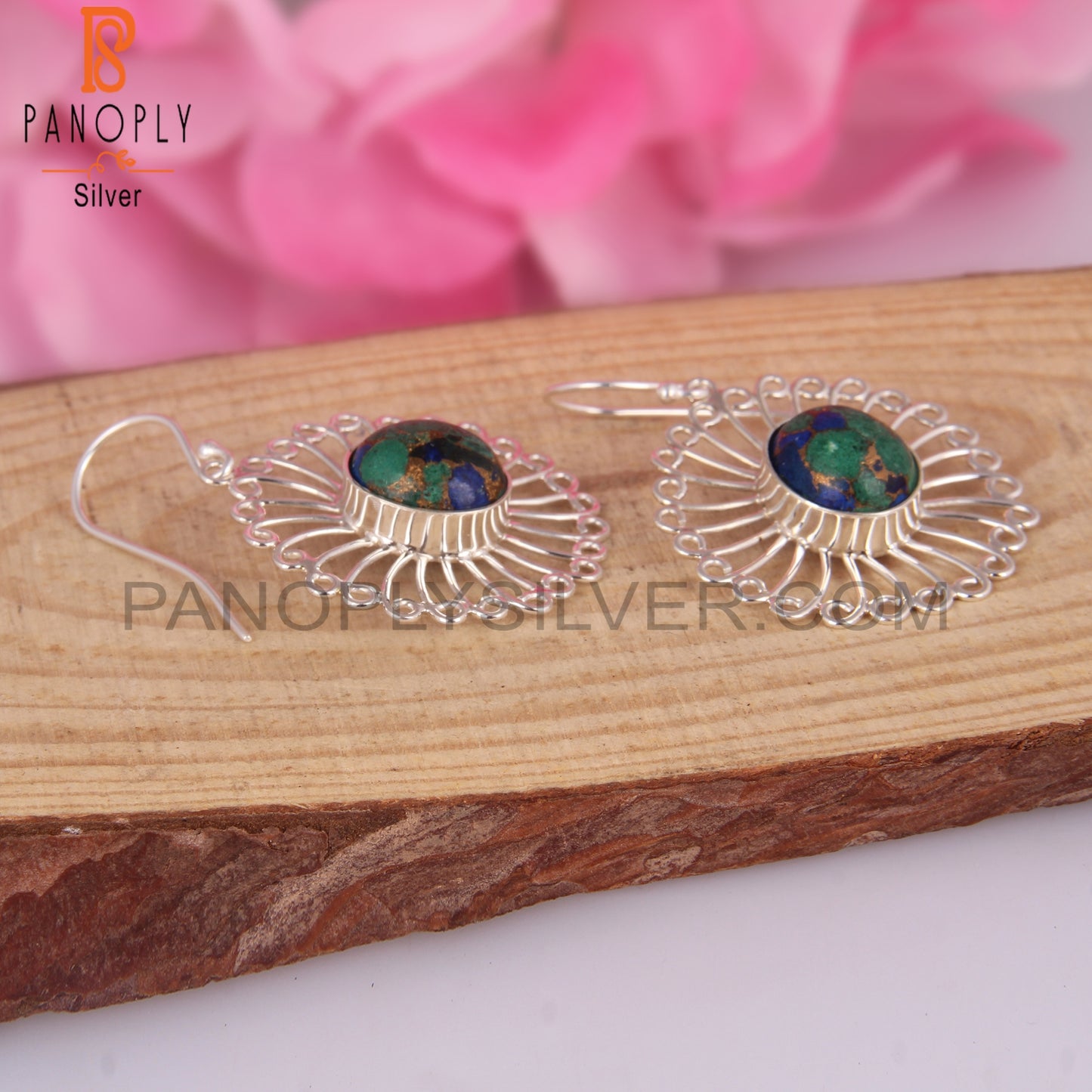 Mojave Copper Azurite Malachite Oval 925 Silver Earrings