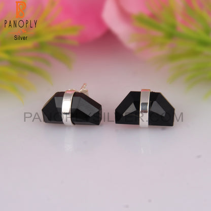 Black Onyx Hexagon D Shape 925 Sterling Silver Earrings