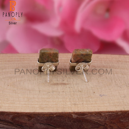 Unakite Baguette Shape 925 Sterling Silver Earrings