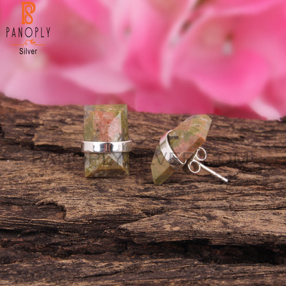 Unakite Baguette Shape 925 Sterling Silver Earrings
