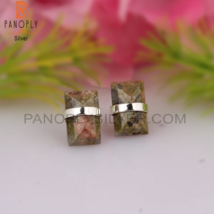 Unakite Baguette Shape 925 Sterling Silver Earrings