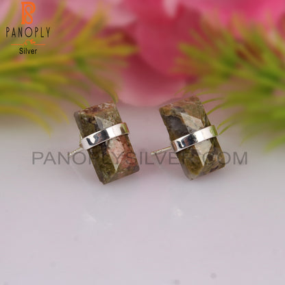 Unakite Baguette Shape 925 Sterling Silver Earrings