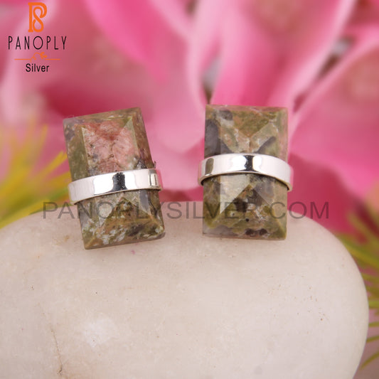 Unakite Baguette Shape 925 Sterling Silver Earrings