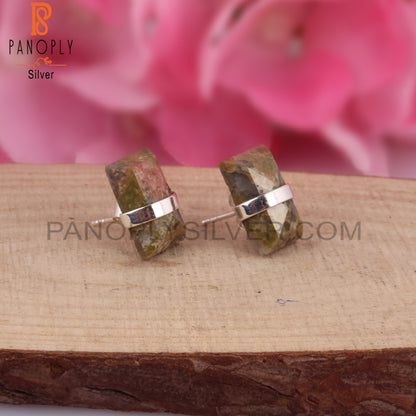 Unakite Baguette Shape 925 Sterling Silver Earrings
