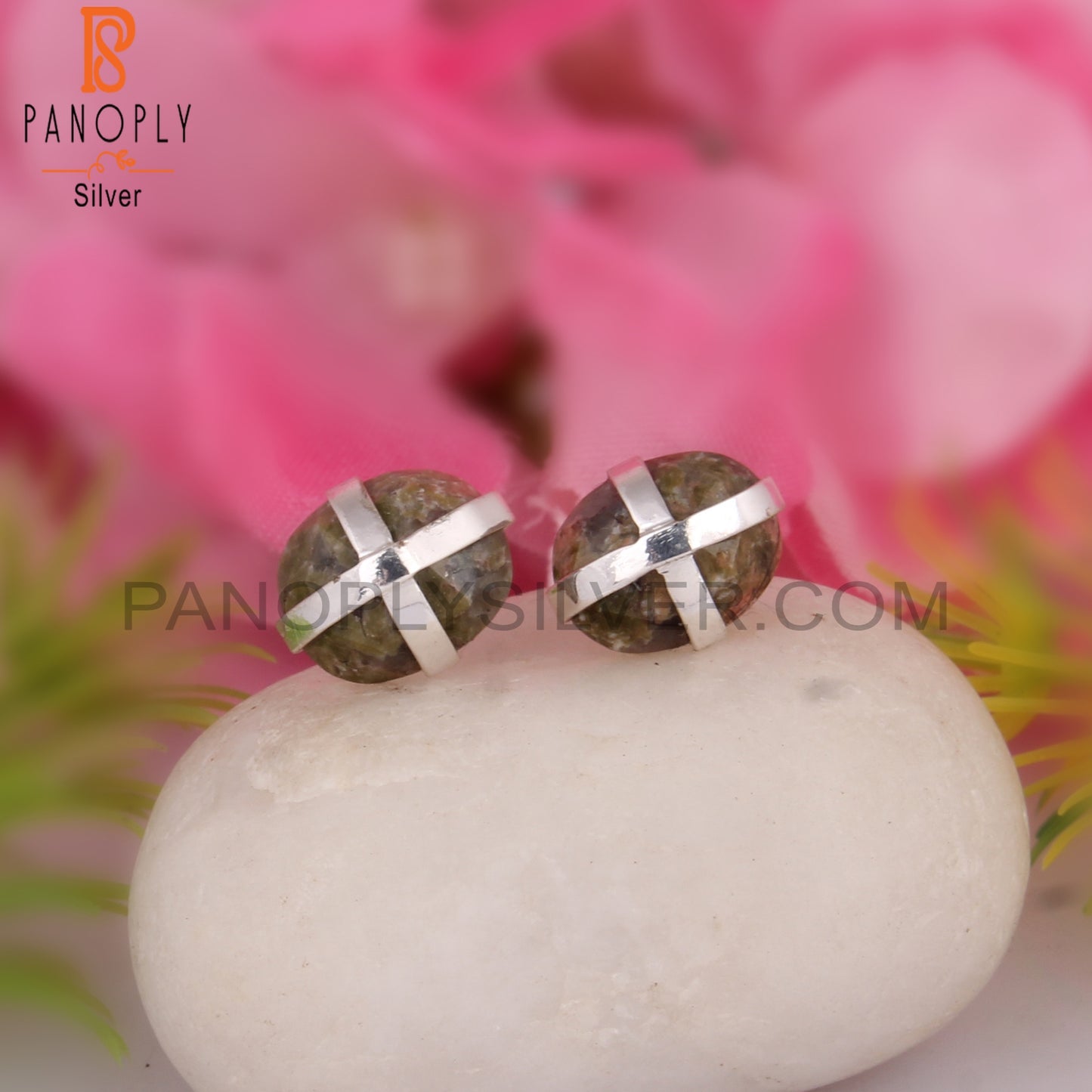 Unakite Oval Shape 925 Sterling Silver Earrings