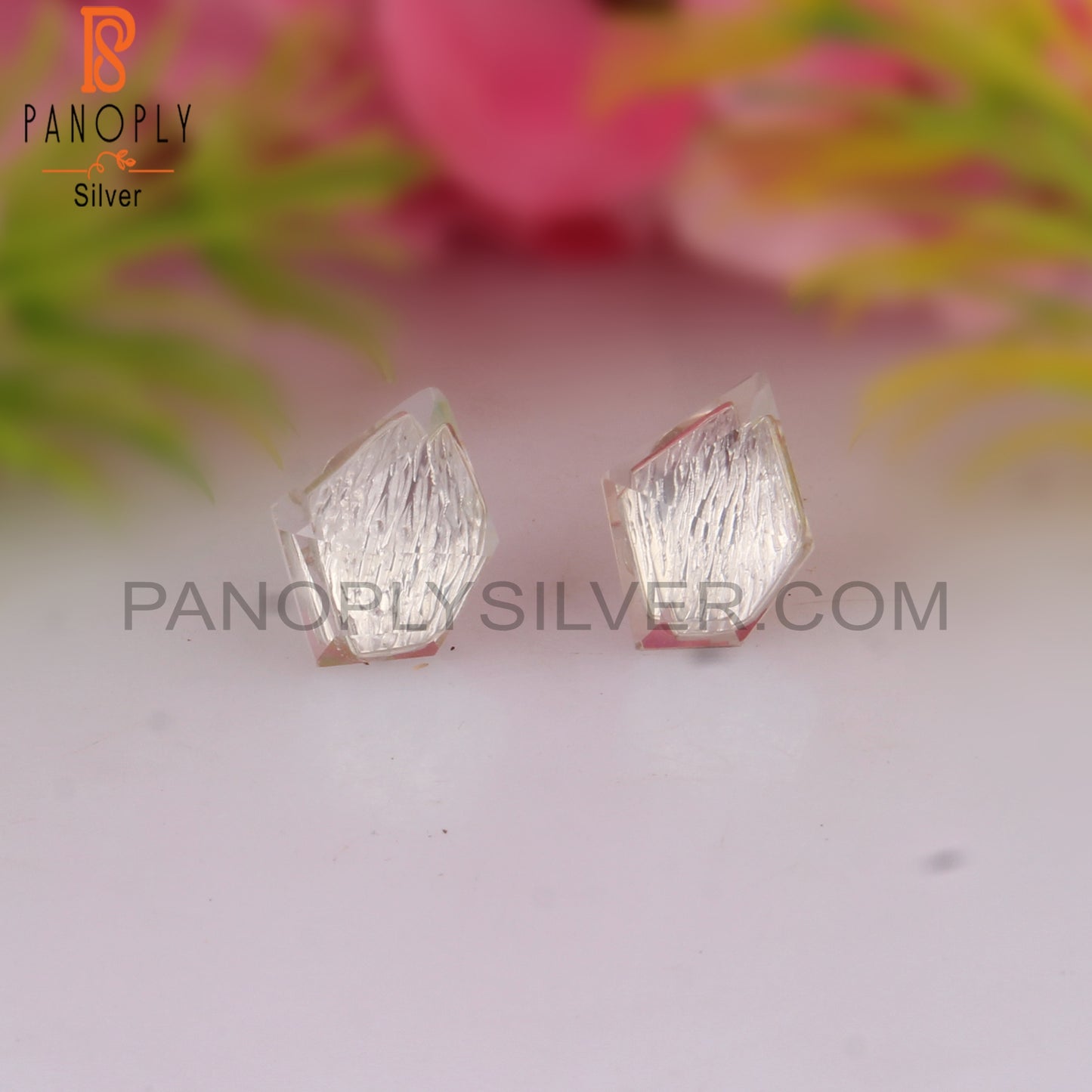 Crystal Quartz Pentagon Shape Natural Silver Studs Earrings