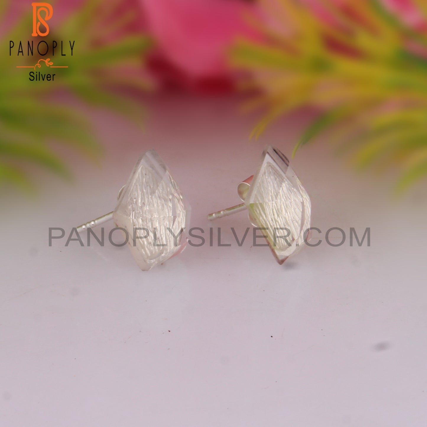 Crystal Quartz Pentagon Shape Natural Silver Studs Earrings