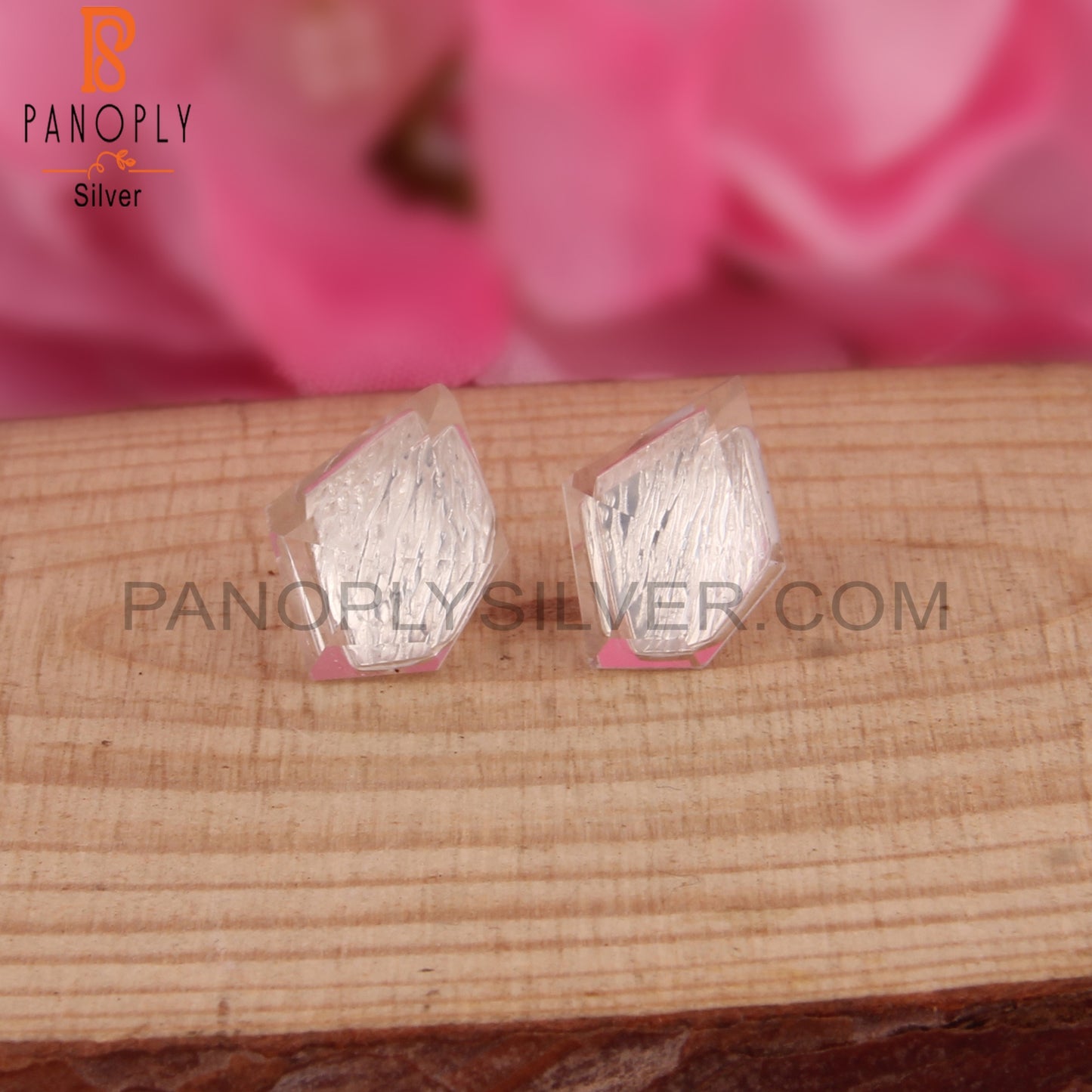 Crystal Quartz Pentagon Shape Natural Silver Studs Earrings