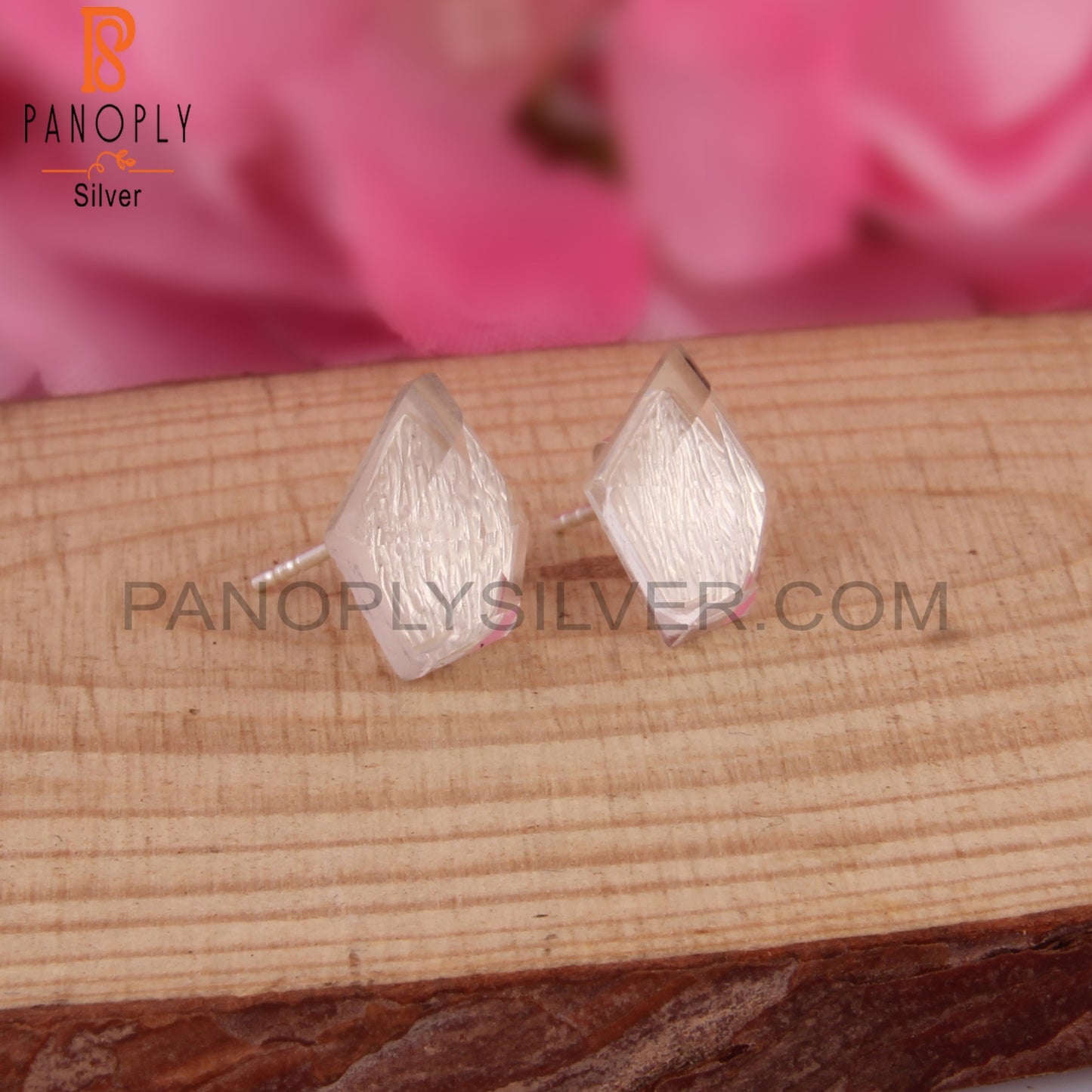 Crystal Quartz Pentagon Shape Natural Silver Studs Earrings