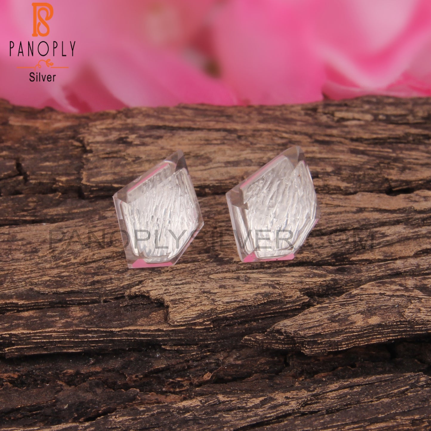 Crystal Quartz Pentagon Shape Natural Silver Studs Earrings